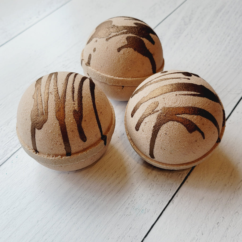 large coffee & chocolate scented bath bombs with hidden colors